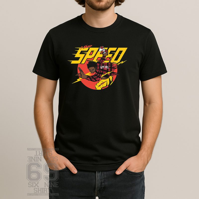 Anime-style drawing of IShowSpeed holding a game controller, surrounded by yellow lightning bolts and bold SPEED text with a red sun backdrop