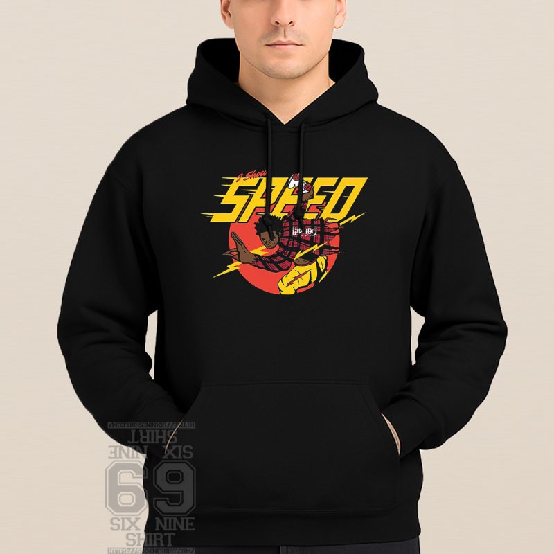 Ishowspeed merch Hoodie With Anime-style drawing of IShowSpeed holding a game controller, surrounded by yellow lightning bolts and bold SPEED text with a red sun backdrop