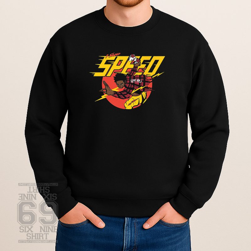 Anime-style drawing of IShowSpeed holding a game controller, surrounded by yellow lightning bolts and bold SPEED text with a red sun backdrop Printed on Sweatshirt