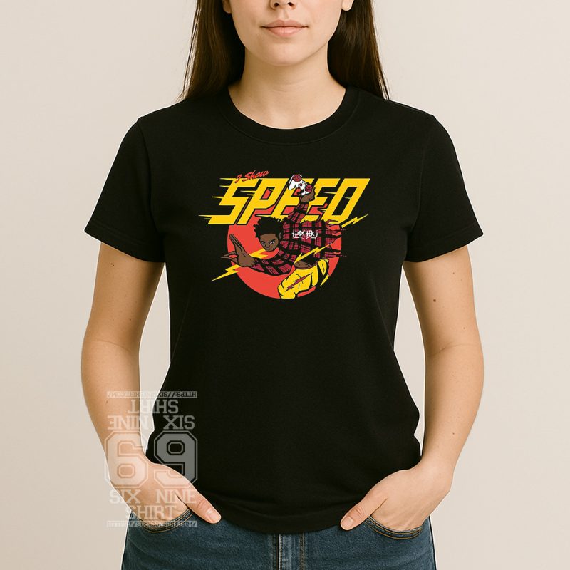 Anime-style drawing of IShowSpeed holding a game controller, surrounded by yellow lightning bolts and bold SPEED text with a red sun backdrop printed on women shirt