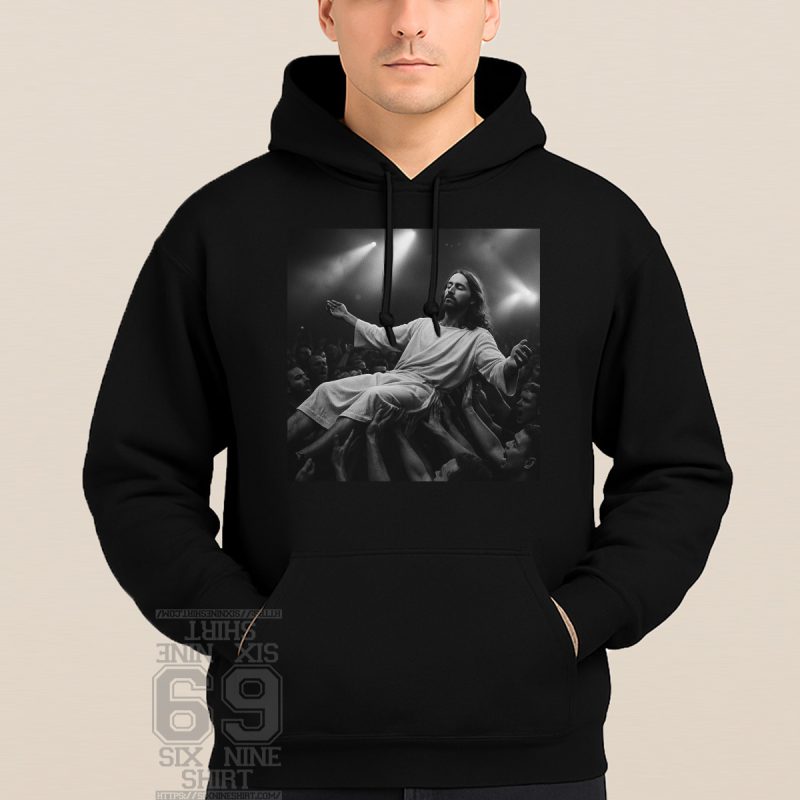 Black and white graphic Hoodie of Jesus crowd surfing at a rock concert surrounded by cheering fans