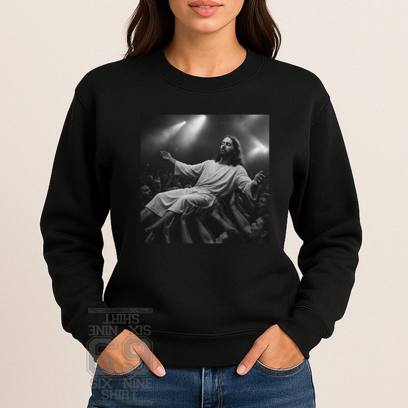 Black and white graphic Sweatshirt of Jesus crowd surfing at a rock concert surrounded by cheering fans