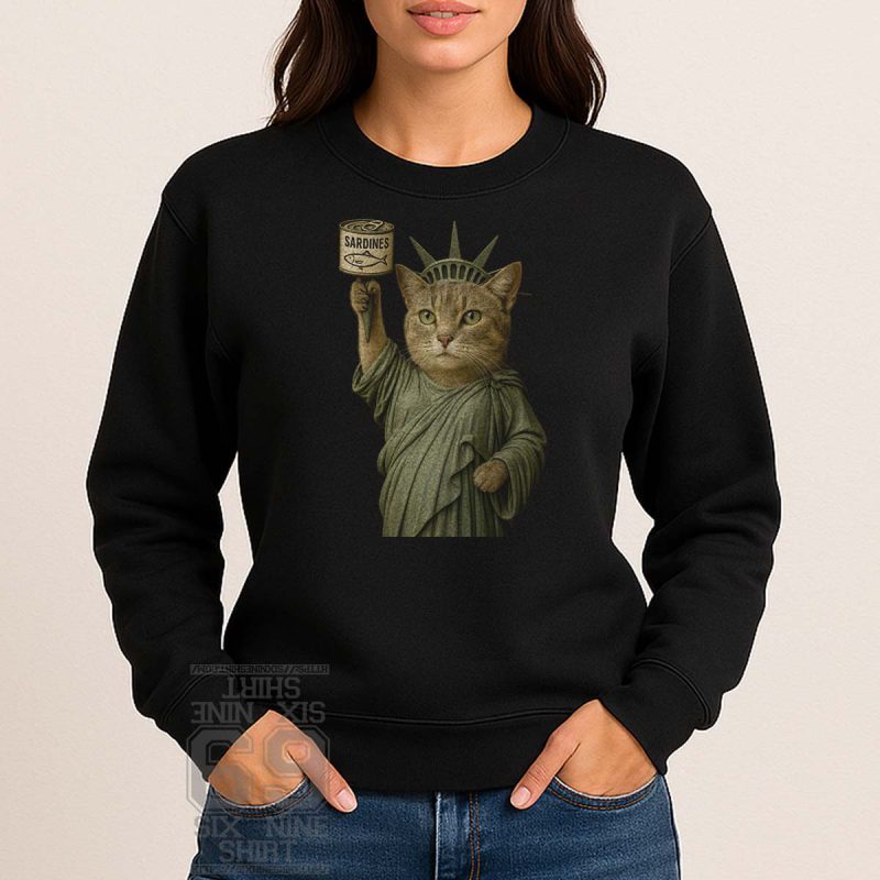 Funny cat-as-liberty graphic with sardine can torch on cozy sweatshirt