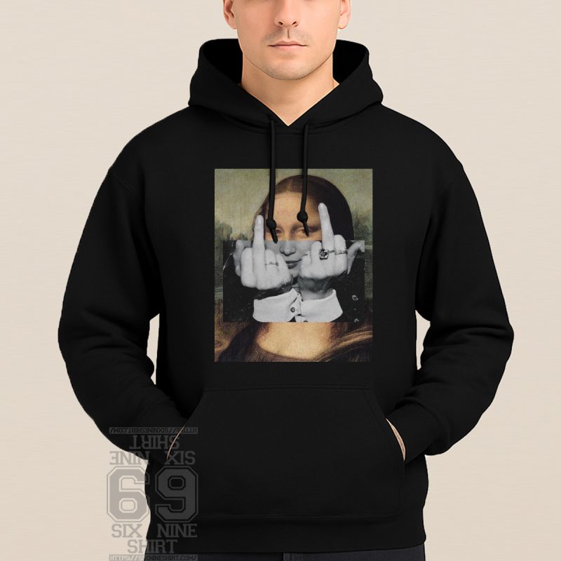 Men Hoodie With Mona Lisa portrait with overlay of a black-and-white image showing two middle fingers raised in rebellion