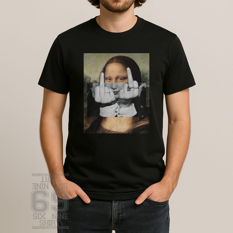 Mona Lisa portrait with overlay of a black-and-white image showing two middle fingers raised in rebellion
