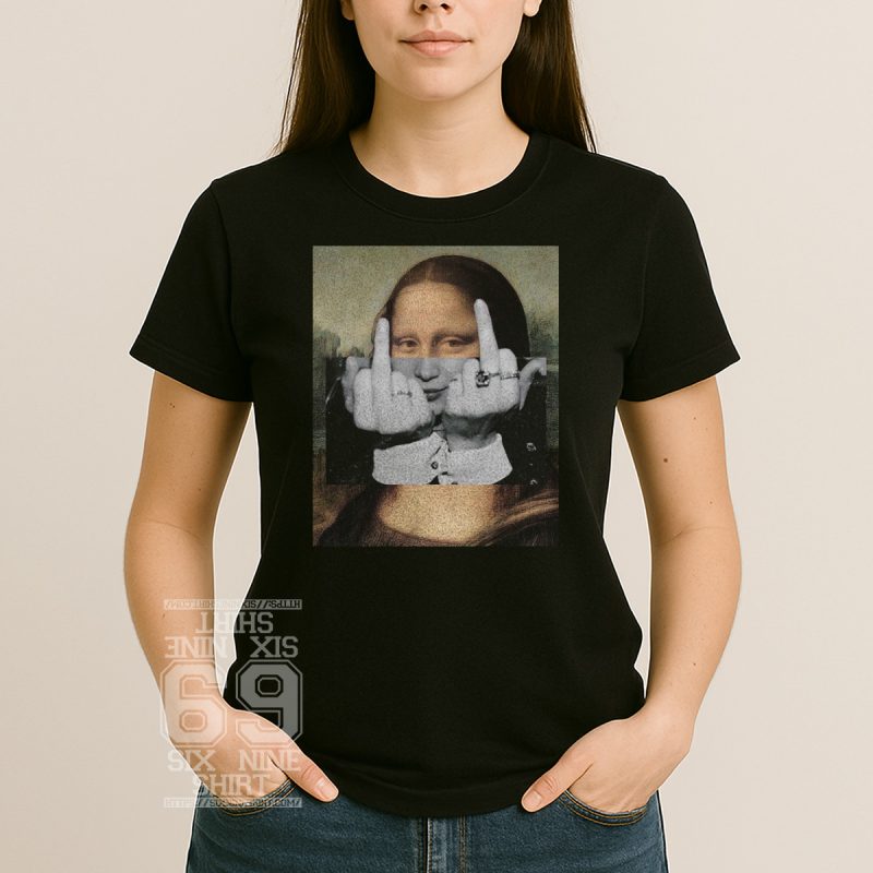 Mona Lisa portrait with overlay of a black-and-white image showing two middle fingers raised in rebellion