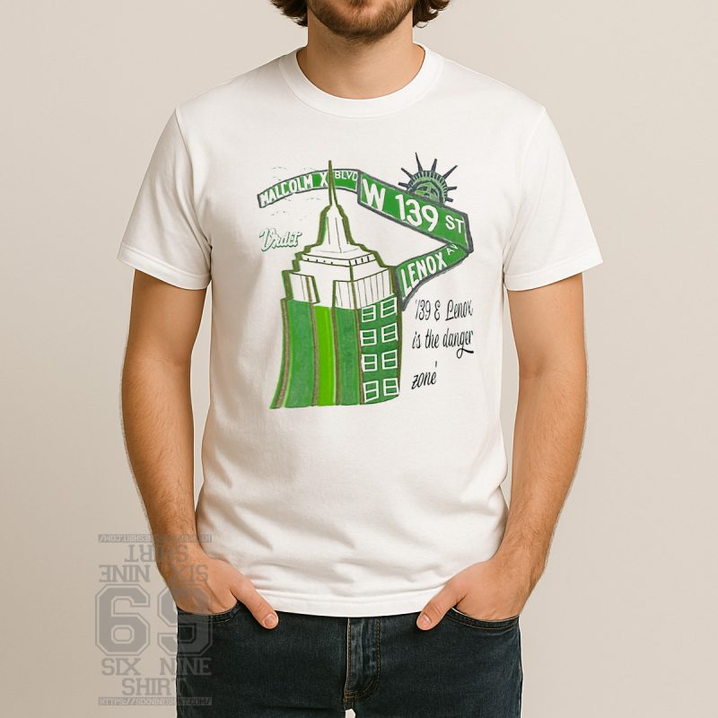 T-shirt design featuring street signs for Malcolm X Blvd, W 139th St, and Lenox Ave with NYC urban theme and graffiti style