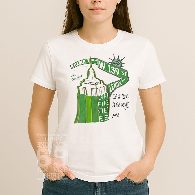 Women T-shirt design featuring street signs for Malcolm X Blvd, W 139th St, and Lenox Ave with NYC urban theme and graffiti style
