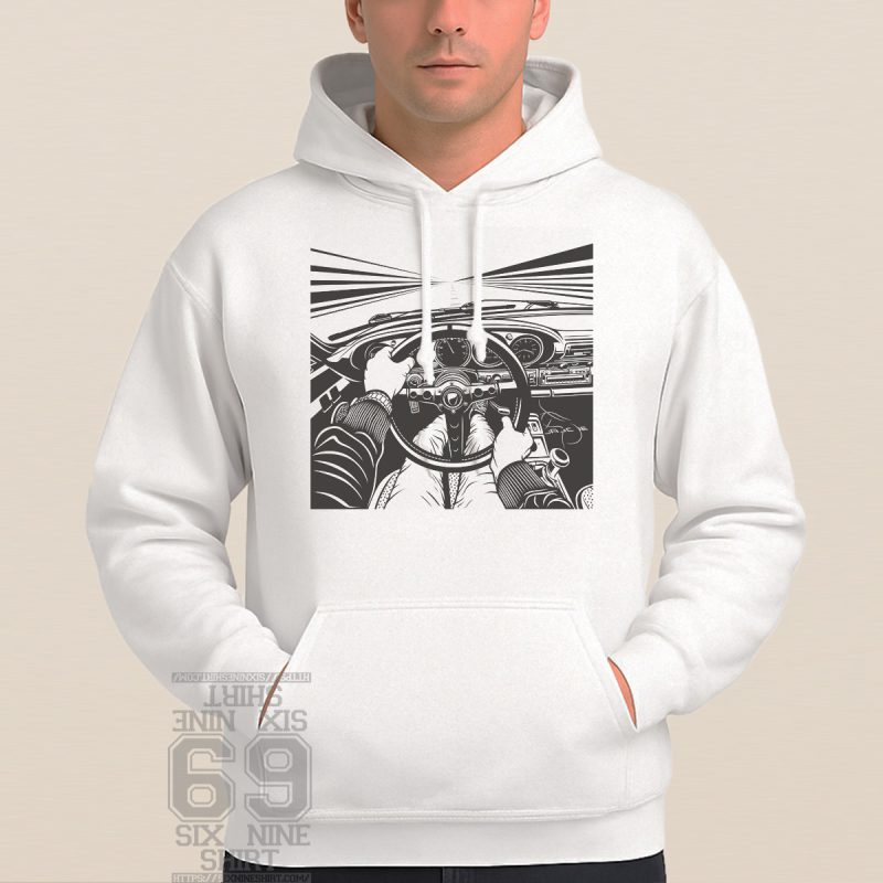 POV illustration of retro Porsche dashboard from driver’s seat with hands on wheel and racing road ahead Hoodie