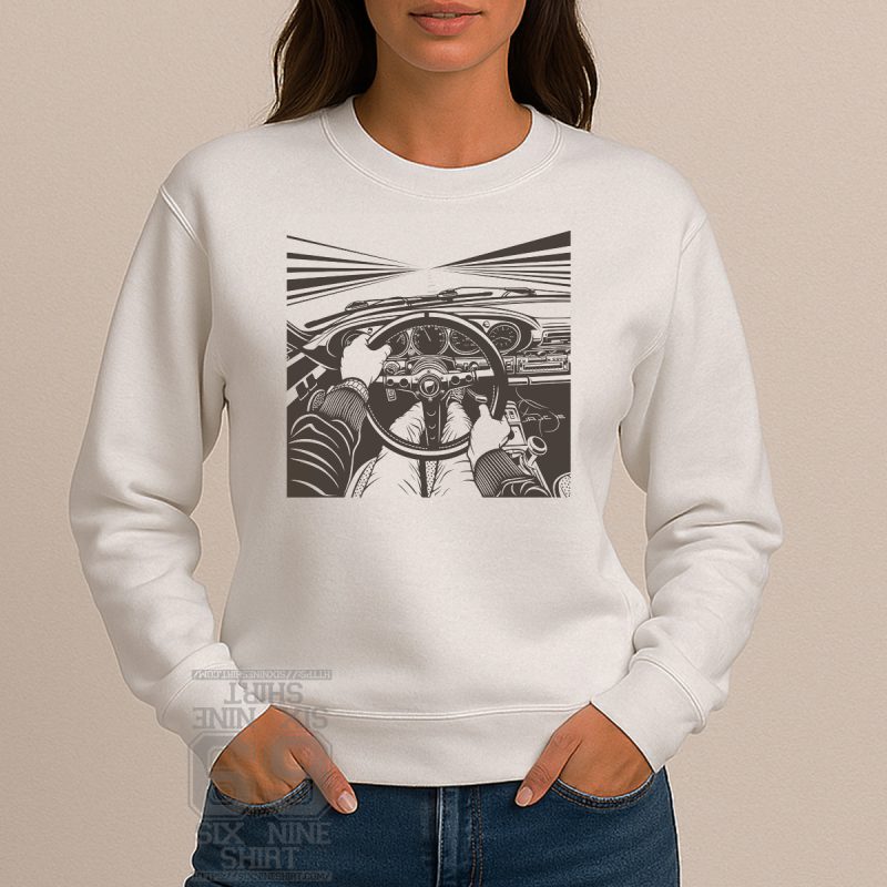 POV illustration of retro Porsche dashboard from driver’s seat with hands on wheel and racing road ahead Sweatshirt