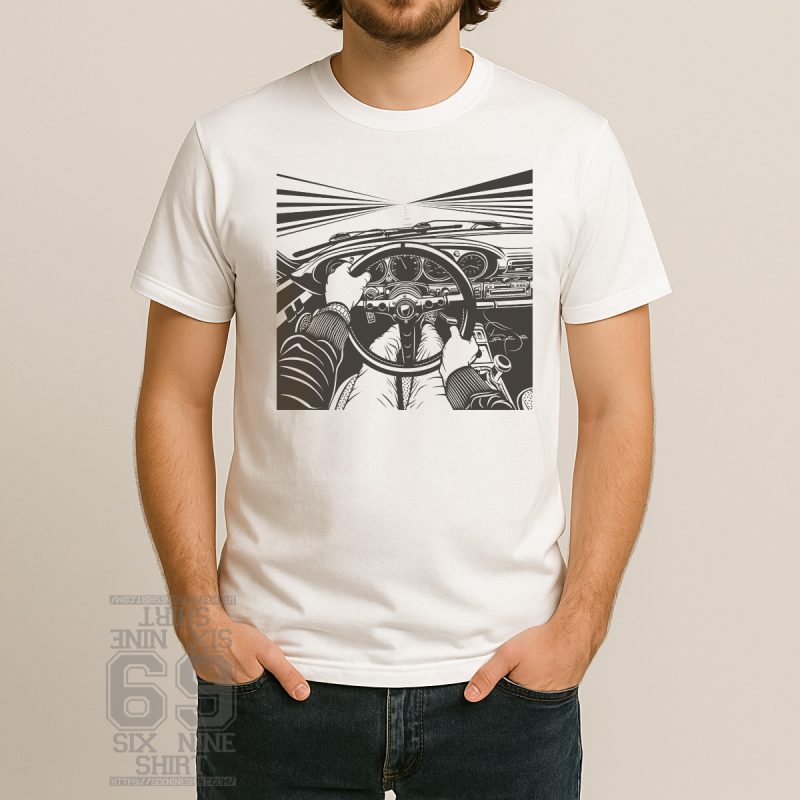 POV illustration of retro Porsche dashboard from driver’s seat with hands on wheel and racing road ahead