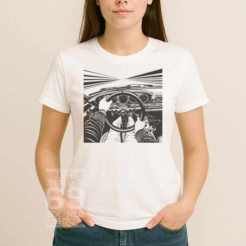 POV illustration of retro Porsche dashboard from driver’s seat with hands on wheel and racing road ahead shirt