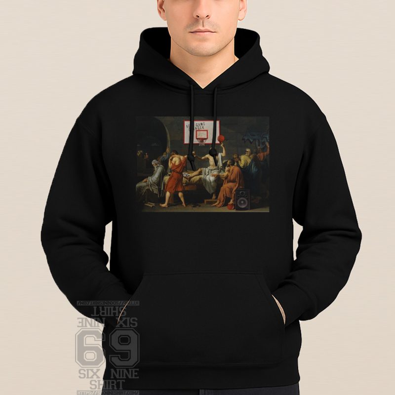unique design hoodie with theme Classical painting of Socrates with a basketball hoop, speaker, and graffiti; "Be a Game Changer" quote