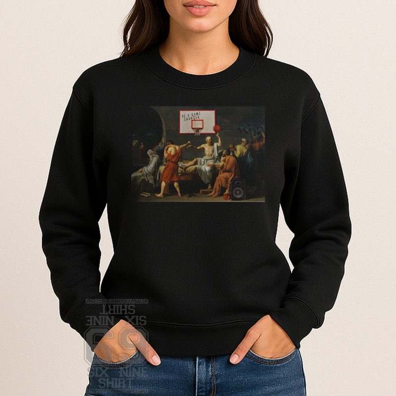 limited art work printed on sweatshirt Classical painting of Socrates with a basketball hoop, speaker, and graffiti; "Be a Game Changer" quote
