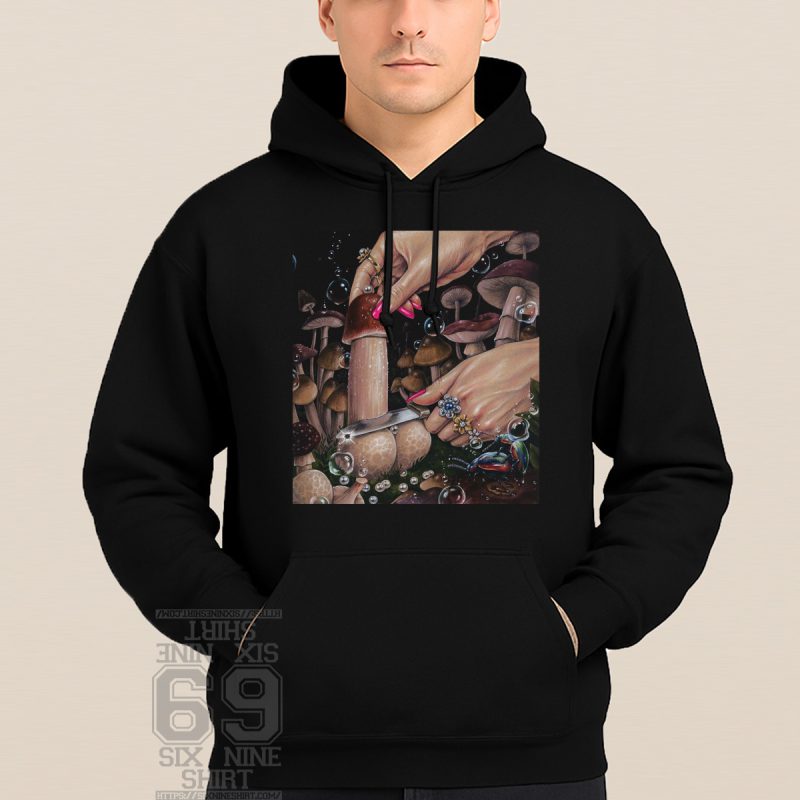Illustration of glam hands cutting a mushroom in a magical forest with bubbles and beetle, surreal art Printed On Hoodie