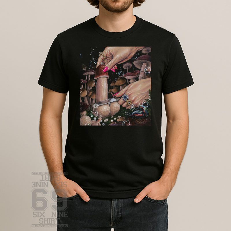 Illustration of glam hands cutting a mushroom in a magical forest with bubbles and beetle, surreal art Printed on men shirt
