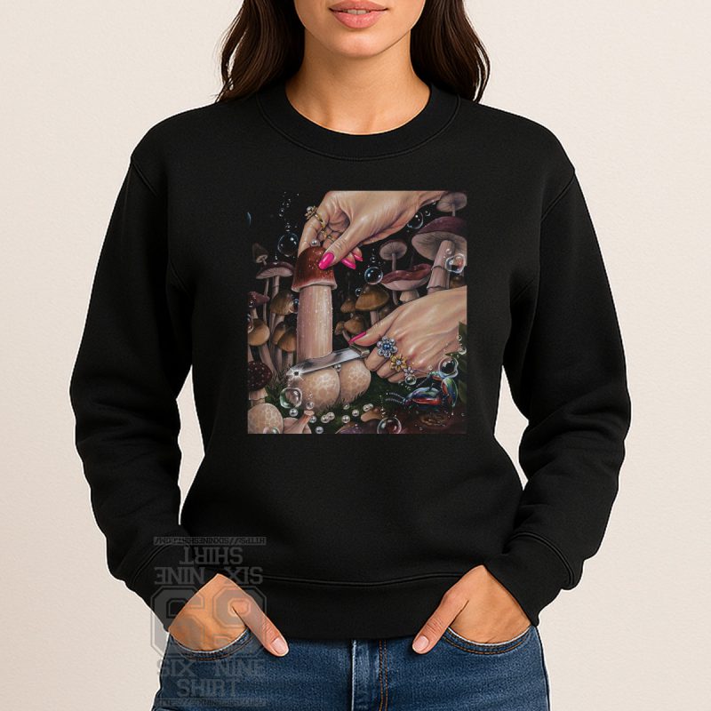 Illustration of glam hands cutting a mushroom in a magical forest with bubbles and beetle, surreal art Printed On Sweatshirt