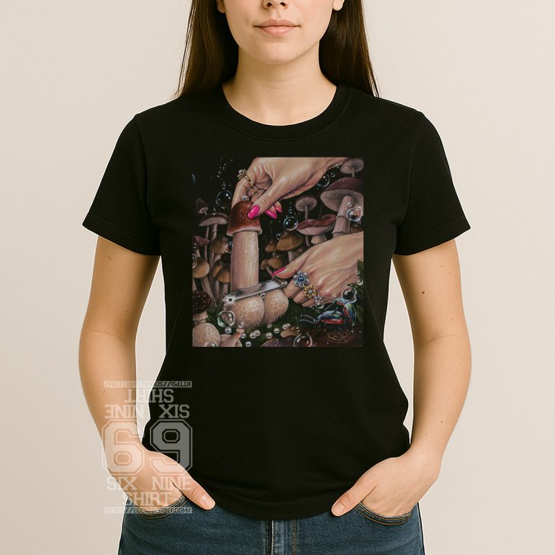 Illustration of glam hands cutting a mushroom in a magical forest with bubbles and beetle, surreal art Printed on Women Shirt