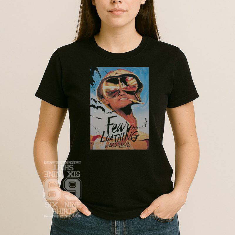 Vintage-style Fear and Loathing in Las Vegas graphic t-shirt with psychedelic desert art and retro design Black Shirt
