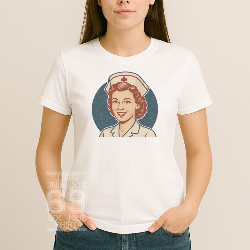 vintage nurse shirt, retro healthcare tee, 1950s nurse illustration, old school nurse design, medical profession gift, classic nurse apparel, frontline worker tribute, nostalgic nursing graphic tee, retro uniform t-shirt, healthcare hero shirt