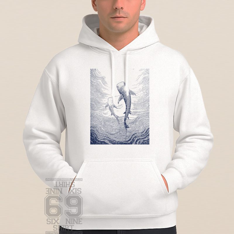 White Hoodie With Line-art illustration of two whales swimming upward in stylized ocean waves