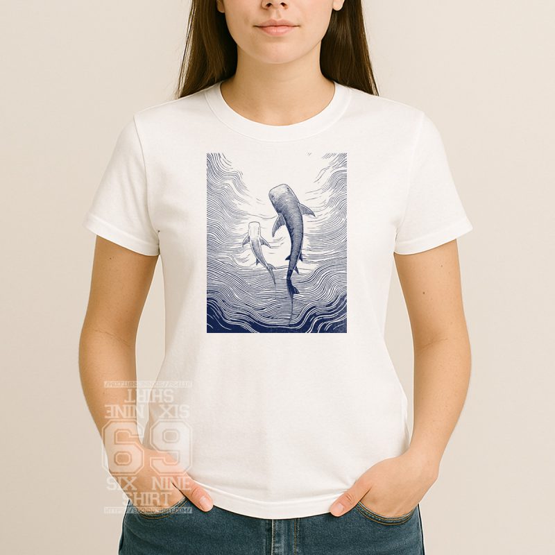 Line-art illustration of two whales swimming upward in stylized ocean waves Printed Shirt