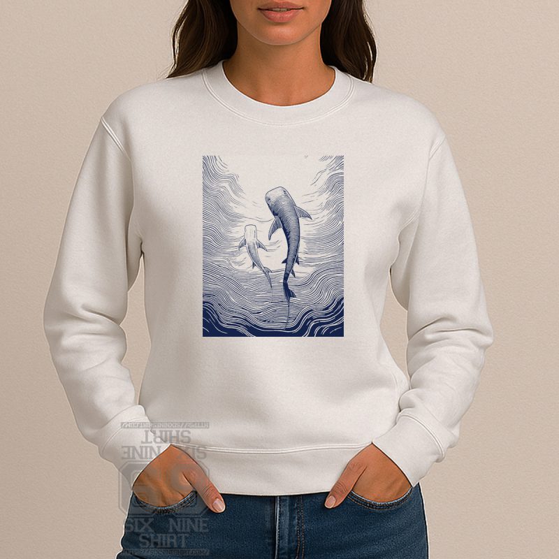 Women Sweatshuirt with Line-art illustration of two whales swimming upward in stylized ocean waves