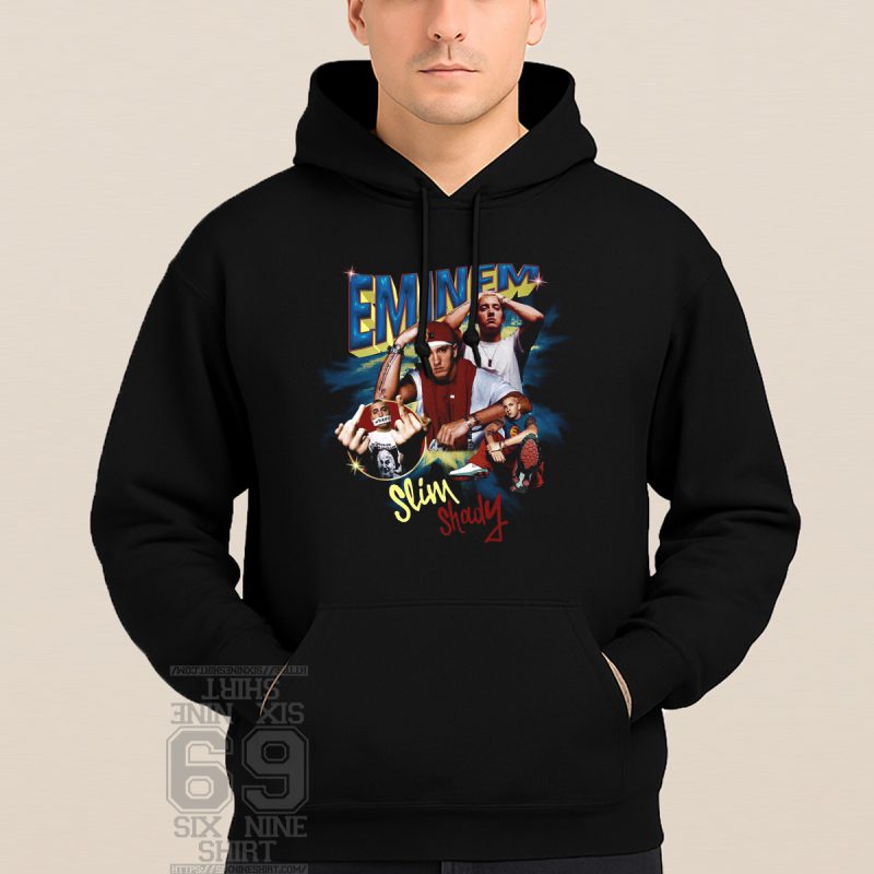 Collage-style graphic Hoodie featuring multiple images of Eminem with bold "Eminem" and "Slim Shady" text, retro 2000s hip-hop style design