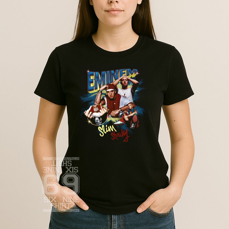 Collage-style graphic t-shirt featuring multiple images of Eminem with bold "Eminem" and "Slim Shady" text, retro 2000s hip-hop style design women tee