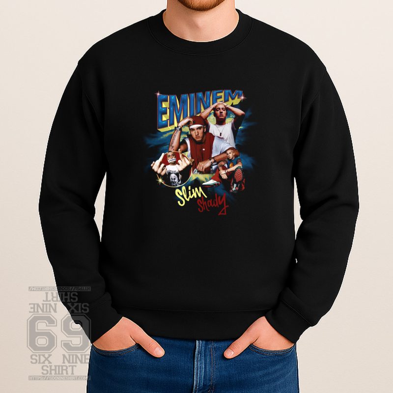 Collage-style graphic Sweatshirt featuring multiple images of Eminem with bold "Eminem" and "Slim Shady" text, retro 2000s hip-hop style design