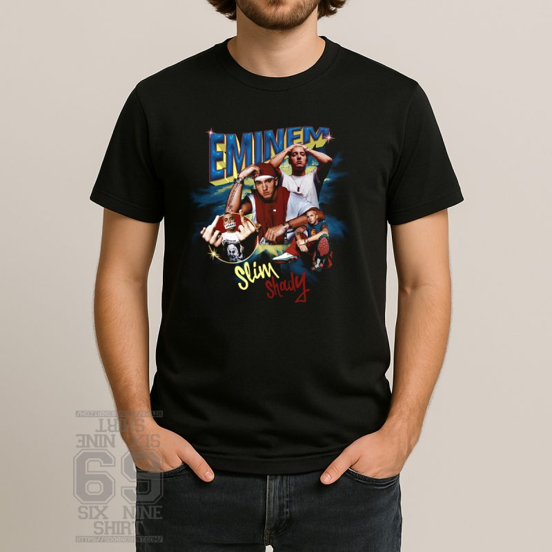 Collage-style graphic t-shirt featuring multiple images of Eminem with bold "Eminem" and "Slim Shady" text, retro 2000s hip-hop style design for men
