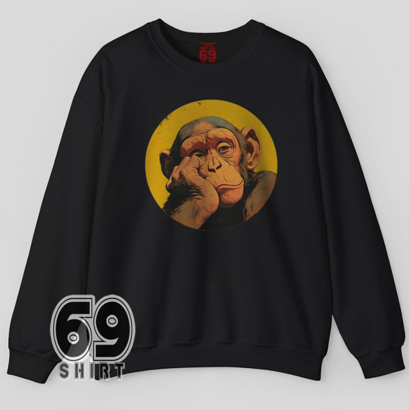 Relaxed chimpanzee cartoon face graphic on premium crewneck sweatshirt
