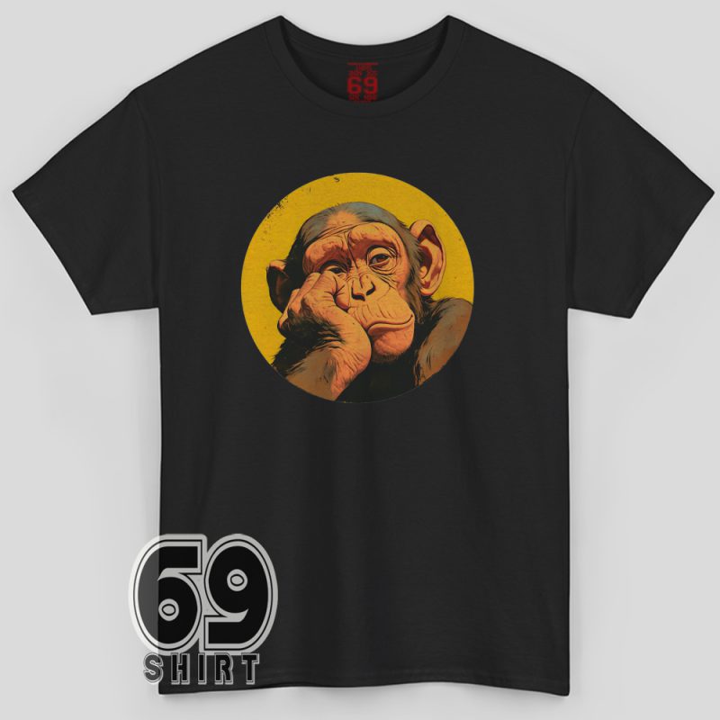 Bored cartoon chimp face illustration printed on white graphic T-shirt