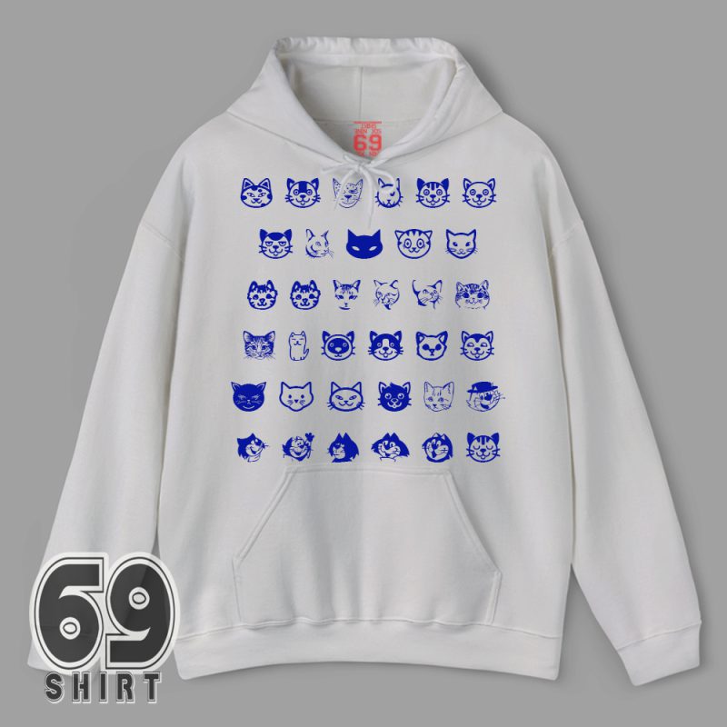 White t-shirt featuring a grid of hand-drawn blue cat faces, each with a different expression, arranged in neat rows.