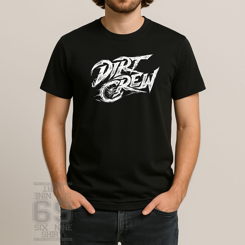 Bold white distressed lettering that reads "Dirt Crew" with a subtle bike wheel illustration integrated into the letter C on a black background. Bold white distressed lettering that reads "Dirt Crew" with a subtle bike wheel illustration integrated into the letter C on a black background