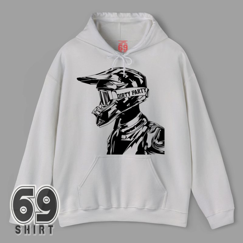 Black and white digital illustration of a motocross rider in full helmet with the words "DIRTY PARTY" across the helmet strap Print On Hoodie