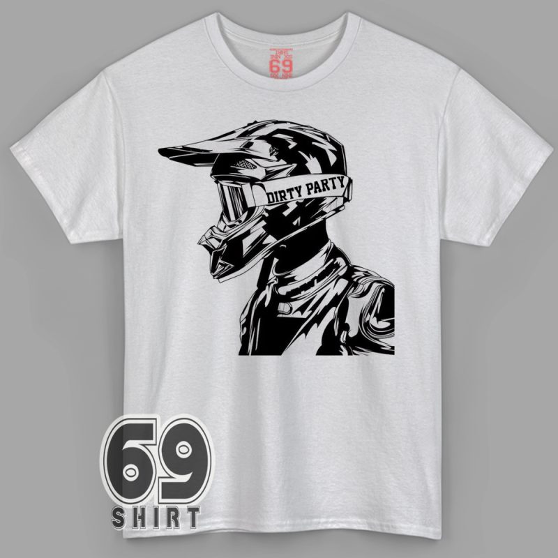 Black and white digital illustration of a motocross rider in full helmet with the words "DIRTY PARTY" across the helmet strap.