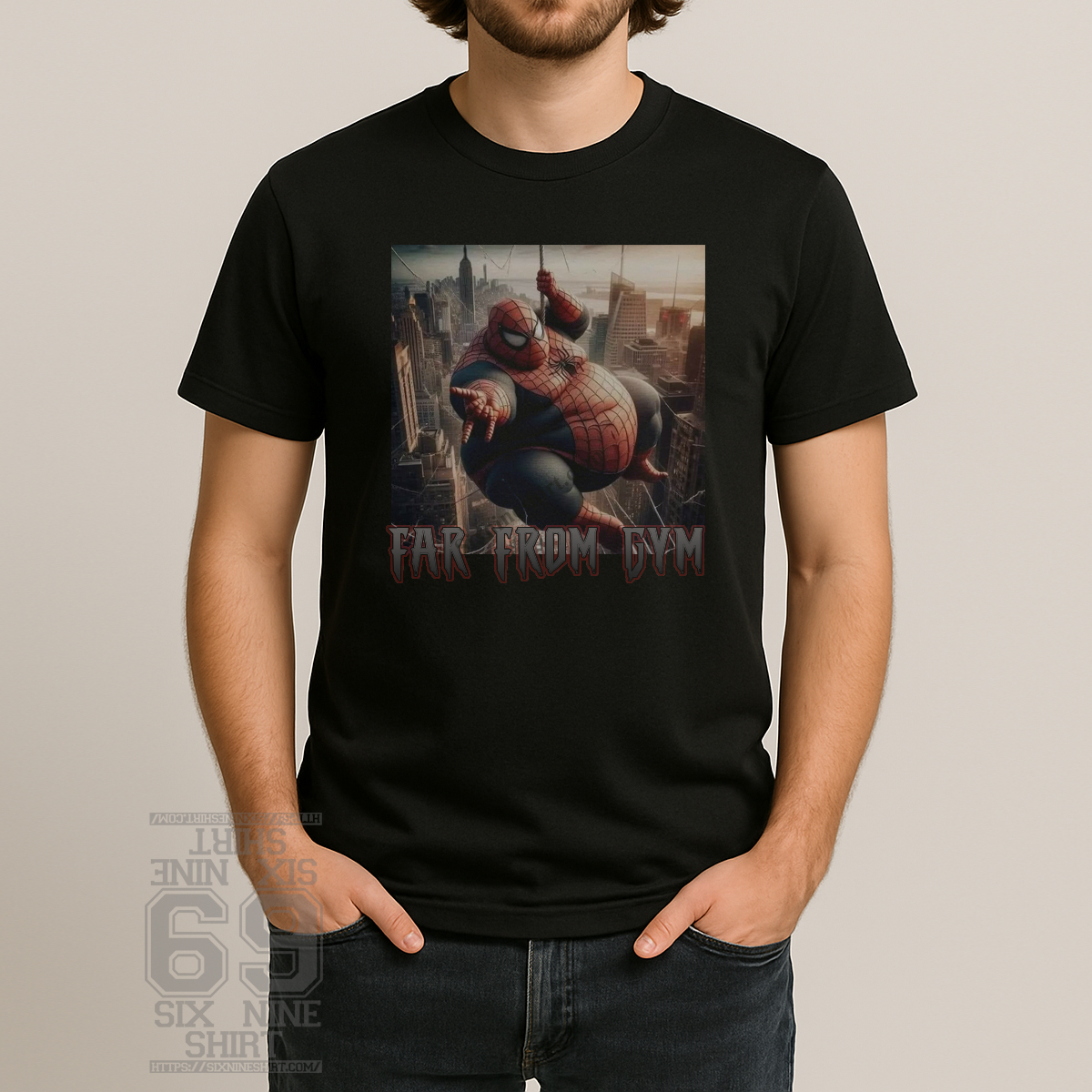 Far From GYM Meme Obesed Spiderman T-Shirt Funny Gym T-Shirt With Spiderman Obese And text far from gym
