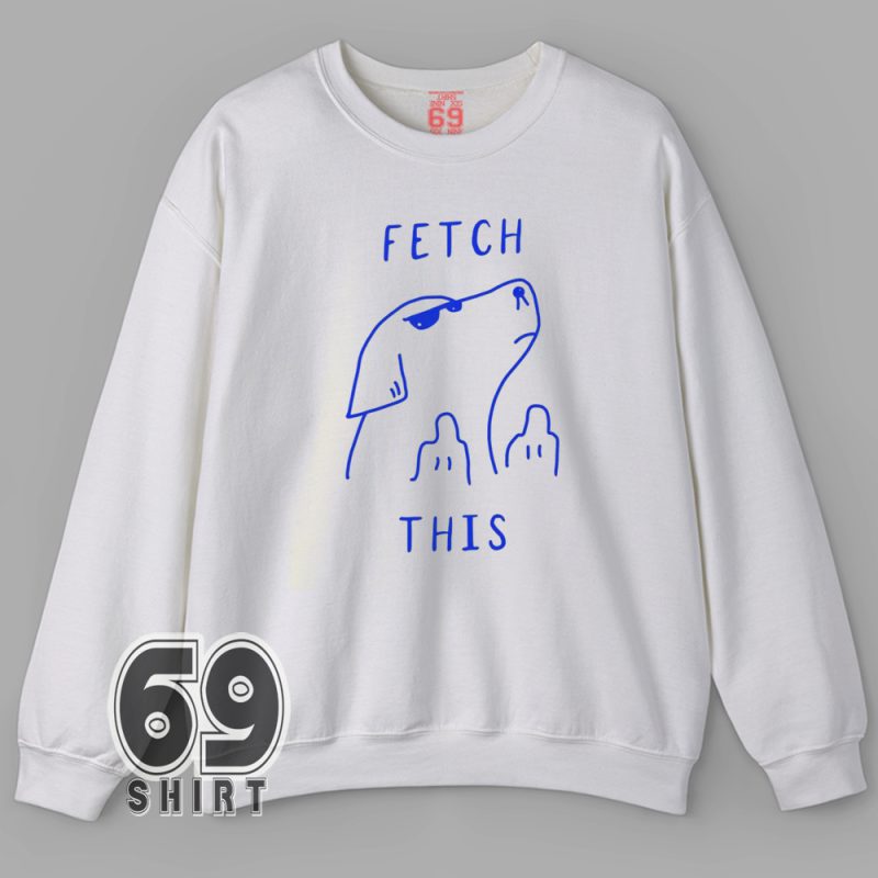 Minimal blue line drawing of a smug cartoon dog flipping two middle fingers, with the phrase “FETCH THIS” above and below the image