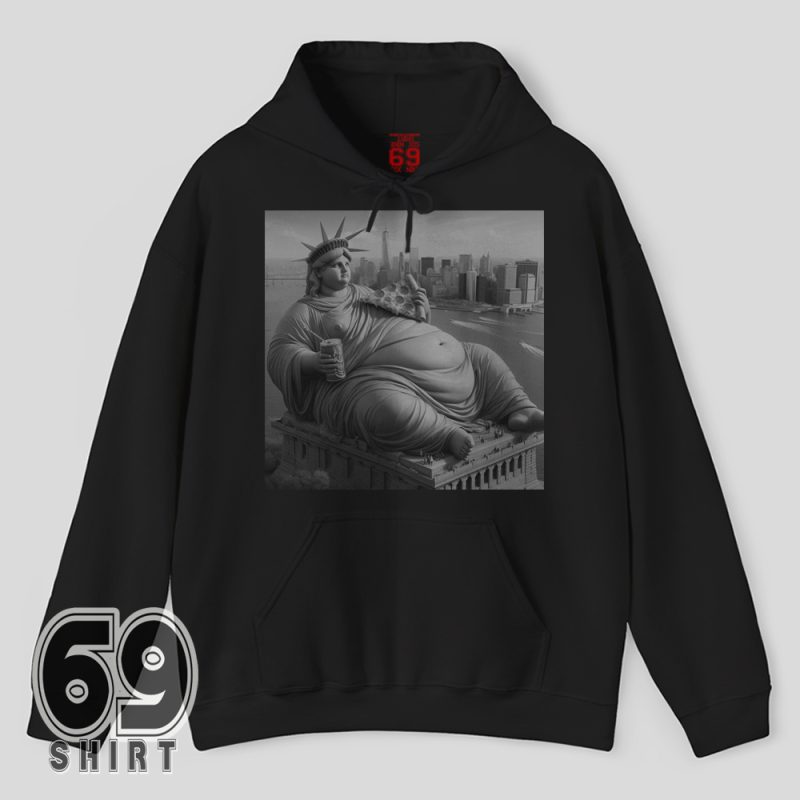 Overweight Liberty statue meme design on cozy unisex hoodie