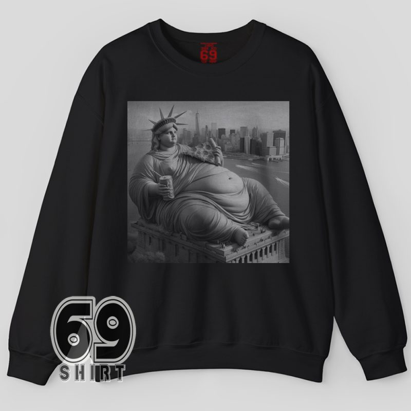 Comedic Statue of Liberty with junk food on satirical sweatshirt