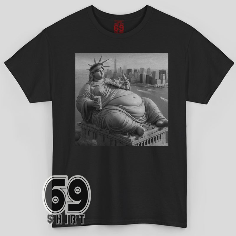Statue of Liberty eating pizza and drinking soda on funny NYC parody T-shirt