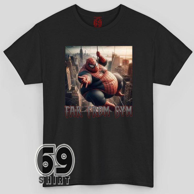 Obese Spiderman laying down with “Far From Gym” parody text on funny graphic T-shirt
