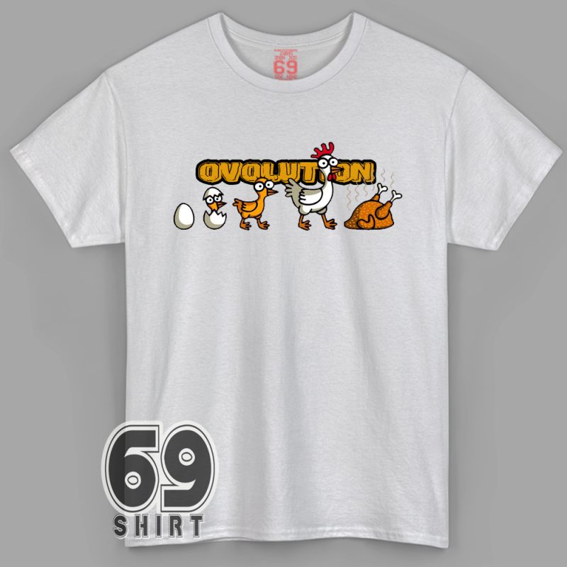 A white t-shirt with a cartoon graphic showing the evolution of a chicken from egg to roasted meat, labeled “OVOLUTION”.