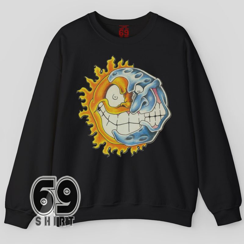 Psychedelic grinning sun and moon graphic sweatshirt