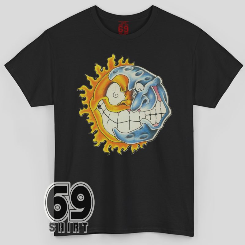 Grinning sun and moon psychedelic graphic t-shirt