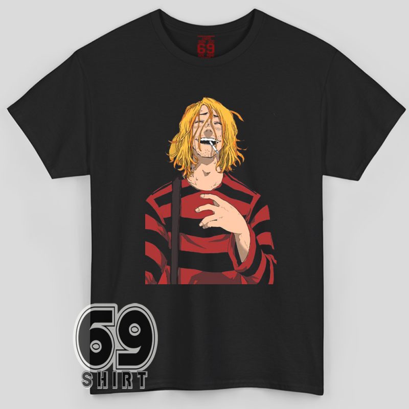 Manga-style illustration of Kurt Cobain in a red and black striped shirt, smiling with a cigarette