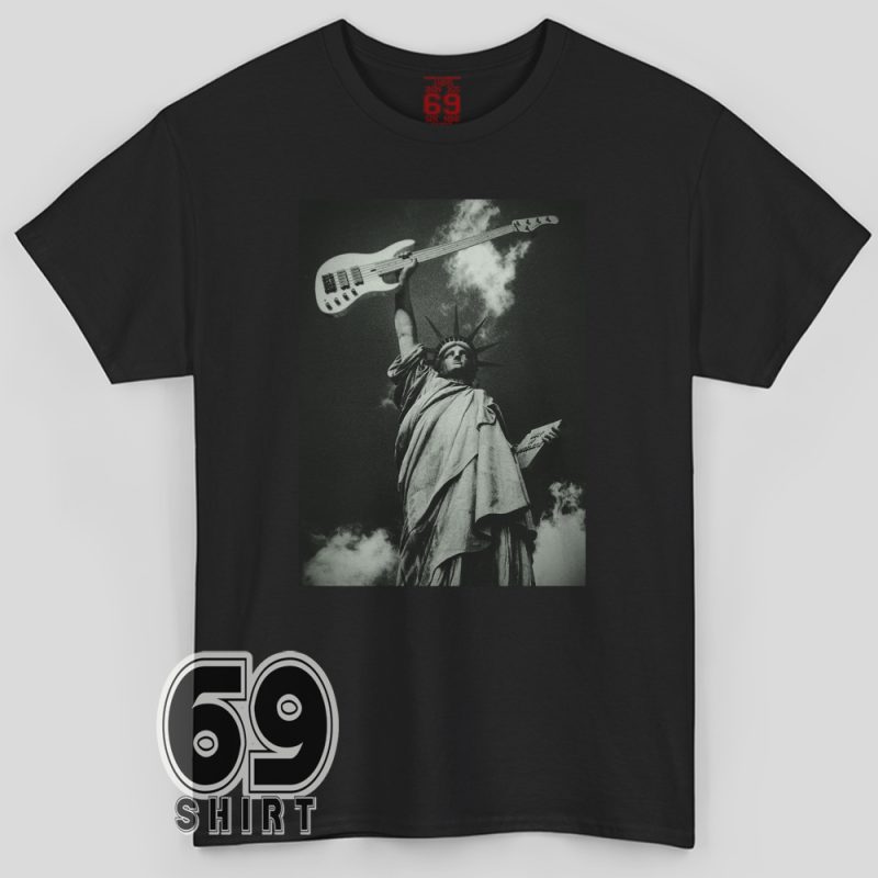 Statue of Liberty holding a bass guitar in place of the torch, monochrome rock-style graphic