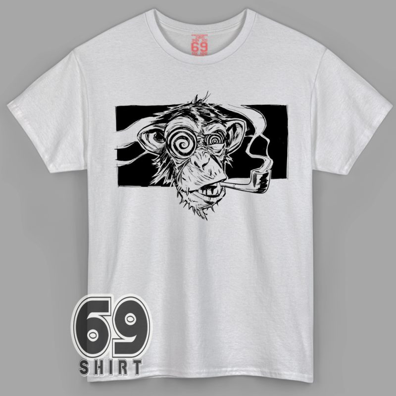 Trippy monkey face sketch with spiral eyes and smoking pipe printed on edgy black T-shirt