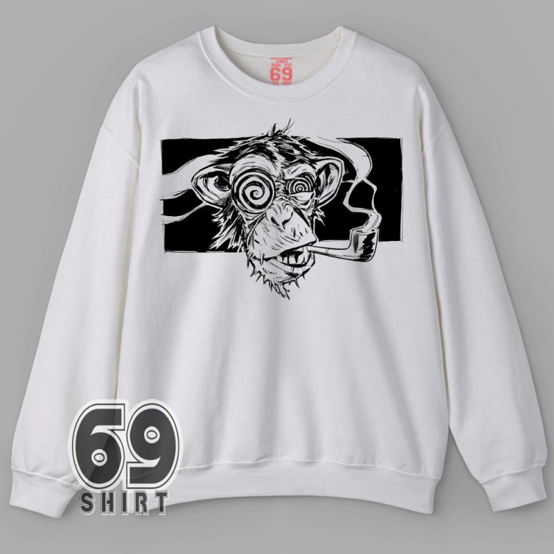 Wild black-and-white monkey illustration with smoking pipe on premium sweatshirt